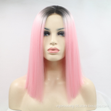 Vigorous ombre short bob blonde premium high quality straight wholesale black women synthetic hair wigs with lace front
